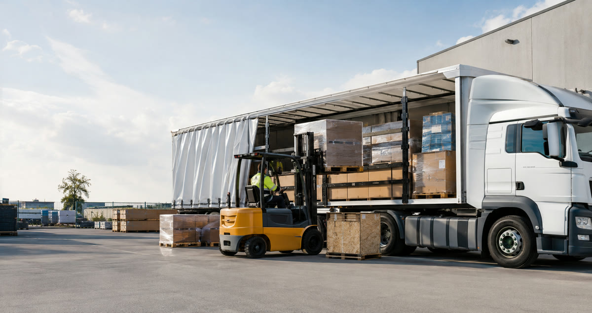 Forklift loading palletised freight into a curtain-side trailer